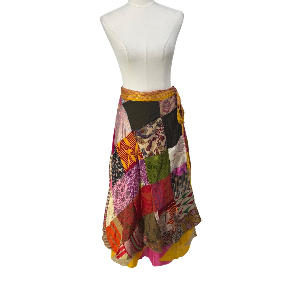 Womens Layered Silk Patchwork Maxi Wrap Skirt OS Multicolor Boho Chic‎ Festival